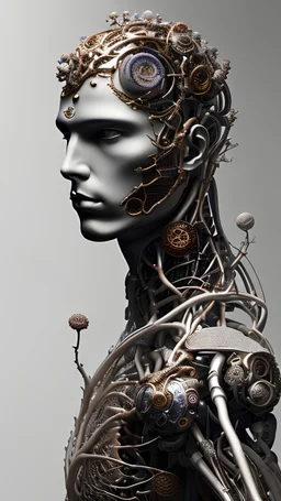 3D render ultra detailed of a handsome male DRYAD, from knee to head, biomechanical cyborg, analog, 35 mm lens, beautiful natural soft rim light, big leaves and stems, roots, fine foliage lace, colorful details, samourai, earring, heavely tattoed, intricate details, mesh wire, mandelbrot fractal, facial muscles, cable wires, microchip, badass, hyper realistic, ultra detailed, octane render, volumetric lighting, 8k post-production, red and white, detailled metalic bones, semi human
