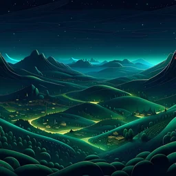 hills as far as the eye can see in a fantastic and stylized world, at night