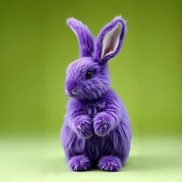 Un lapin entierement en fausse fourrure de couleur violette, studio photograph