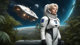 A full-body photorealistic image of an adventurous older woman from the future, dressed in a tailored, full-body spacesuit, stands proudly beside her huge cargo spaceship, no wings, standing on a metal box. Her untidy, blond hair has bangs, standing in a jungle clearing. The scene is framed by a cosmic expanse of stars and nebulas.