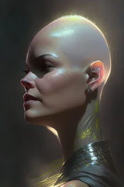 Her shaved head had the dark fuzz of new growth making her appear is if she were glowing with some inner light born of shadows.