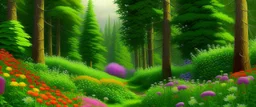 A green forest with beautiful flowers painted by Frank Wilson