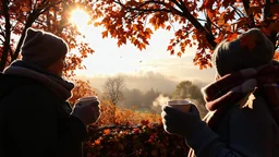 Autumn: falling leaves, Misty mornings, fog over distant fields or forests, sunshine; people wearing scarves, woolly hats, gloves, holding steaming mugs of hot drinks; chestnuts, acorns, berries, rowan, holly; flocks of birds migrating; squirrels gathering nuts; beautiful colours, atmospheric. Award winning photograph.