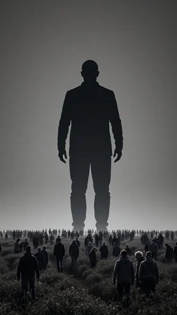 A field of random people at the end of the picture gray background an giant dark shadow of human figure standing in a cinematic, 8k