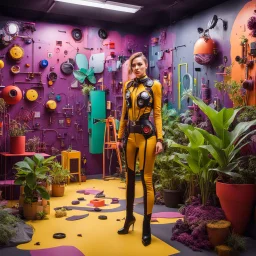 quirky, avant garde, highly detailed, weird but also humorous, large workplace sees very cute model in skimpy-dada uniform play a plastic android man and his pet insect in a 4D psionic competition. It is a playroom with plastic wall art, colorscheme is ochre, brown, dark crimson and mauve with abstract paintings, surreal pot plants. ESCAPE ROOM mystery aesthetic signage,