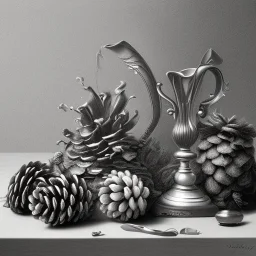 a realistic still life graphite drawing of pine cones in the classical style of Pieter Claesz, Jan Jansz. van de Velde and Anthonie Leemans