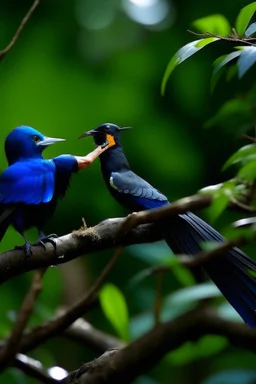 buatkan sebuah gambar seorang fotografer yang sedang memotret seekor burung yang sangat langka sedang hinggap di dahan pohon