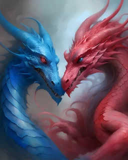 a painting of two blue and red dragons facing each other, a picture, pixiv, annie stegg gerard, in love, discord profile picture, detailed artwork, r / paintedminis, profile picture, much detailed, blue and pink, profile image, profile pic