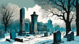 create a fine art print illustration of an old Jewish cemetery with many leaning headstones ,highly detailed rough stonework, surrounded by ancient oak trees, in the old city of Krakow, under a bleak winter sky , in the comic book art style of Bill Sienkiewicz, and Jean Giraud Moebius, finely textured, drawn, colored, and inked