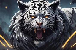 grendel in 8k solo leveling shadow artstyle, white tiger them, neon effect, magic circle, full body, apocalypse, cover eyes, intricate details, highly detailed, high details, detailed portrait, masterpiece,ultra detailed, ultra quality