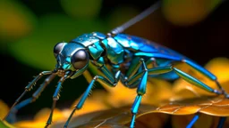 A macro close-up of a large metallic exoskeleton insect with prominent gemstone-like eyes, long antennae, and a segmented body. Wings of folded/unfolded silks on an abstract background of dry bluish leaves