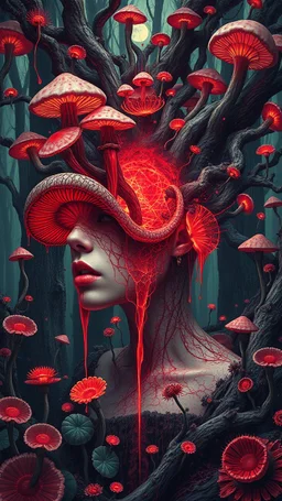 Quintessential Horror Surrealism:A woman Gothic cyber-surreal figure's form undergoes catastrophic dimensional fission through Seedream 3D recursive rendering, fracturing into chaos Legion Doodle simultaneous nightmare realities while simultaneously occupying four perforated reality levels—manifests as a blood-drenched forest where trees weep crimson sap and bioluminescent fungi pulse with recursive Fibonacci patterns, surrounded by carnivorous flowers with fanged mouths dripping neon venom; mat