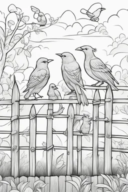 coloring page, birds on a fence, cartoon style, thick lines, low detail, no shading