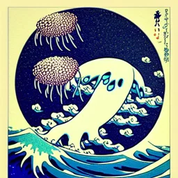 An astronaut floating in space surrounded by a halo of glowing jellyfish, done in the style of Hokusai's The Great Wave off Kanagawa