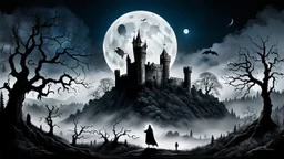 detailed graphic art, ruined gothic castle standing on a hill on the right side of the composition, full moon in the night sky, a few raven silhouettes flying near the moon, thick mist surrounding the hill, dark forest on the left side with twisted bare trees, a solitary black hooded figure standing at the forest edge looking toward the castle, mysterious atmosphere, ancient forgotten ruins, dark fantasy aesthetic, detailed linework
