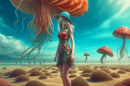 woman in a form-fitting outfit, standing on a beach of an alien world, watching mushrooms with jellyfish tentacles in the sky, photorealistic, Deep Colour, Fantastical, Intricate Detail, sunshine