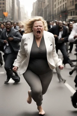 an obese terrified blonde white woman crying and sobbing in a pant suit desperately running away from an angry mob of thousands of black people chase her down a city street