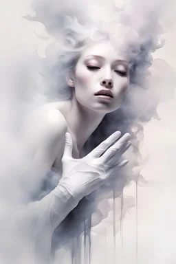 White smoke artistically takes the form of gloves by Ryohei Hase, Agnes Cecile, Raymond Swanland, Anne Bachelier, pastel smoky texture in hues of tranquility, an embodiment of minimalism with a stroke of simplicity, evoking serenity against a backdrop, white shimmering, fantasy art, backlit