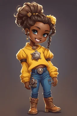 Create a detailed and vibrant steam punk illustration of a chibi-style character with dark skin and wavy hair tied back in a high ponytail with hair left out in the back. She is wearing a yellow off-shoulder sweater, blue torn jeans, and tan-colored boots with fluffy white trim. SHe has a confident and cheerful expression, with large expressive eyes and a bright smile. Add gold hoop earrings and a heart-shaped necklace.