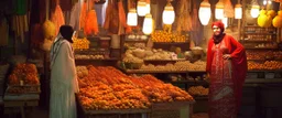 A full-length Palestinian girl wearing an embroidered dress and a white embroidered shawl buys oranges from an old seller wearing a keffiyeh in the market of Jerusalem, 100 years ago, at night with multi-colored lights reflecting on her.