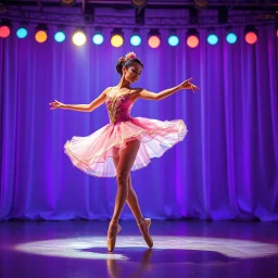create of a beautiful balerina in pretty clothing in a modern cifi stage in her performance cinamatic lights .dancing lambada