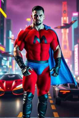 An extremely muscular, athletic man with a short, black hair, blue eyes, goatee, wearing a bright red, textured formfitting bodysuit, wearing blue trunks on the outside of the bodysuit, a black leather, knee-high black leather boots, black wrist gauntlets, blue cape, with a black Capital letter "M" on the chest, posing against a futuristic cityscape, Neon-lit, Extremely colorful, Flying cars