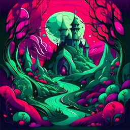 Create a fantasy illustration using only the solid colors Purple, Red, Green, and White. Please avoid the use of black and any other colors, ensuring all shades, shadows, and dark parts are represented solely by mixing these four specified colors