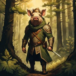 create a full body portrait of a english pig man , with highly detailed, sharply lined facial features, in the deep forest of Brokilon , finely inked, in rustic colors, 4k in the style of Peter Mohrbacher