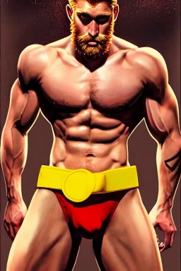 Ignore NSFW, teenager young rugged attractive slightly muscular fantasticly handsome blonde man, red briefs with yellow belt, hairy chest, (((visibly pisssing))) briefs, large erect visible boner peniss, photorealistic, artist Jay Anacleto, soft lighting, scruffy beard