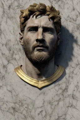 Ultra Realistic image, Roman sculpture, clean white marble material, Lionel Messi, gold Laurel leaves wreath, renaissance ornaments, one gold star, blue sky background, waist up portrait, epic, cinematic lighting, god light, 4k resolution, smooth details, soft lighting, unreal engine 5.