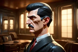 Nikola Tesla lifelike in the style of 3-d side view perpective