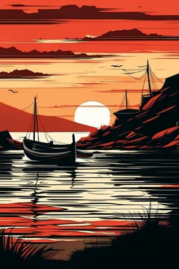 Delve into the tranquility of a coastal landscape art, featuring a fishing boat at a lake during sunset. The flat background style and darkly romantic illustration, in hues of dark amber and red, evoke a sense of serene beauty.