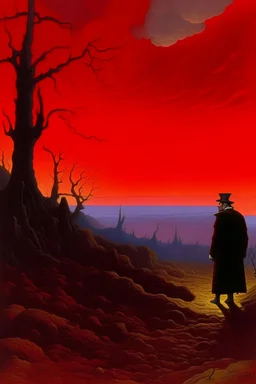 A violet red fiery demonic realm with realms painted by Caspar David Friedrich