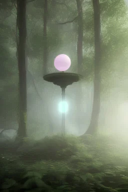 floating suspended translucent glowing orb above pedestal, misty, inside overgrown moss vines labrotory, sacred geometry object inside translucent floating orb, aura foggy mist, tesseract, purple, green, gold