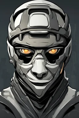 A flat cartoon masked ninja avatar head with robotic features. Only the eyes should be visible