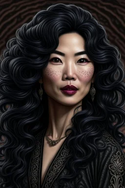 /image prompt:portrait of a mature asian goth woman with wavy black hair, fantasy style, realistic style, highly intrictae details, high quality, 8k