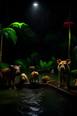 In night the jungle got flooded, and all animal were scared