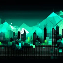 Digital and abstract illustration of a minimalist, polygonal and digital city, colors are black, light blue and light green (#CCE7D5).