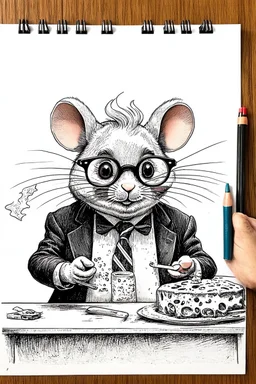 - “Mr. Whiskers McStreusel crazy old mouse doing magic inside his magic cheese shop, a wiry fellow with wild white hair and glasses so large they practically covered his whole face.” charcol sketch on white background