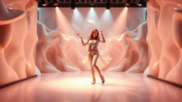 modern stage with a beautiful lady in modern clothing dancing, 3D recursive fractal structure animating background