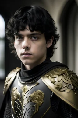 a young man with pale green eyes, jet black hair in knight's armor with a golden cloak Game of Thrones