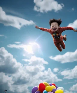 Ultra realistic speed clouds sky scene, wide angle view, childs falling down with many Childs background, rabbit head, circus dress style, feather color, free jumping flying, many trinkets, hair monster, many jelly beans, balls, color smoke, smile, happy, extreme, wind, clouds sea, 20,000 feet altitude, stratosphere, soft color, highly detailed, unreal engine 5, ray tracing, RTX, lumen lighting, ultra detail, volumetric lighting, 3d, finely drawn, high definition, high resolution.