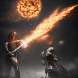 Heavy rain. Epic Lighting in the night sky. Knight with magic scroll in hand. Falling burning meteorite from the sky. Fireball. Meteorite burning in the distance. Dark black mud.