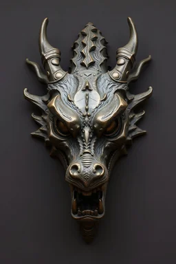 a dynamic highly abstract primitive dragon mask sculpted in the expressive, chaotic style of Russ Mills hand cast in old bronze