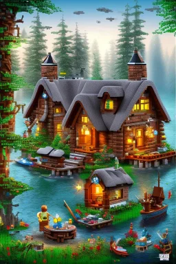 lego cottage in the forest with lake boy girl