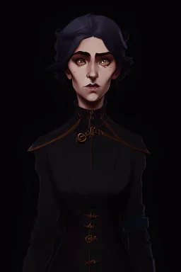 warm but stern aunty victorian era, posh british accent influenced, high born facial features dnd character on a solid black background, full body image, high quality realistic.