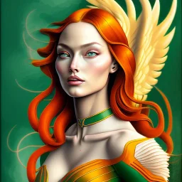 portrait of a beautiful busty Jean Grey with green eyes riding a phoenix by Sandro Botticelli style