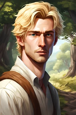 Illustration {young man, villager, blonde}, realism, realistic, semi-realistic, fantasy