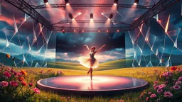 Dynamic cifi country side ,hypnotic of 3D structures Symmetry twisting and morphing between cifi plants , cifi flowers and metal geometric 3d structures buildings ,cifi cars, and an open cifi stage with a beautiful lady dancer in stage,a future pretty lady singer presenting in a big tv screen her performance in it,smooth translucent iridescent glass with inner glow and bubbles, varied transparent materials, stormy skies, intense dramatic a very beautiful ballerinais playing ballet
