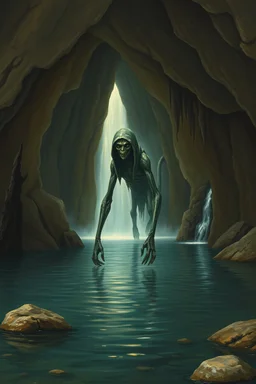 In Bosch painting style A scary hooded alien creature standings in lake with waterfalls in side a cave underground